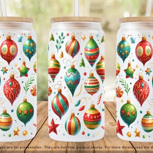 Christmas Ornaments 16 oz Libbey Glass Can Sublimation Design, Holiday Tumbler Wrap PNG, Christmas Glass Can Wrap PNG file Digital Download