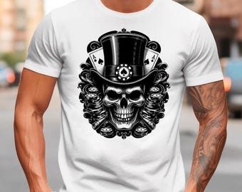 Playing Cards Clipart Silhouette Casino Chips Vector Image, Skeleton Skull With Top Hat Playing Poker Svg & PNG Files, Skull SVG For Shirts