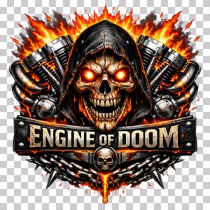 May include: A digital illustration featuring a skull wearing a hood, with fiery red eyes and flames. The words "ENGINE OF DOOM" are displayed on a metal banner, with engine components and chains with spikes.