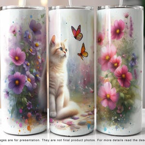 Watercolor Cat Flower and Butterfly 20oz Skinny Tumbler Sublimation Design, Cat Lover Seamless Tumbler Wrap, Cat PNG File Digital Download