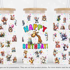 Grappige eigenzinnige feestbeesten 16oz Libbey-glas kan Happy Birthday PNG-sublimatieontwerp inpakken, verjaardag eigenzinnig glas kan digitale download inpakken