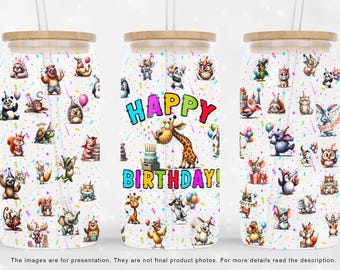 Funny Quirky Party Animals 16oz Libbey Glass Can Wrap, Happy Birthday PNG, Quirky Sublimation Design, Digital Download