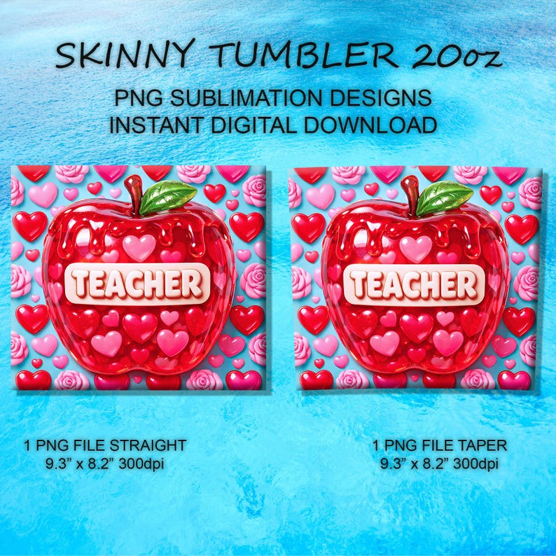 Gimme Gummy Red Apple Teacher Tumbler Wrap PNG, Hearts and Roses 20oz ...