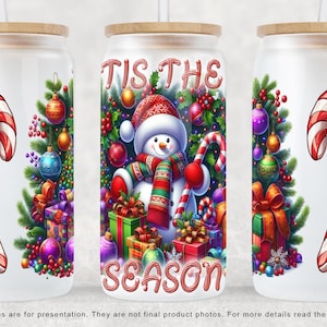 Tis the Season Schneemann 16 oz Libbey Glasdosenverpackung, Weihnachtsbecherverpackung, Weihnachtsschneemannglassublimationsdesign, PNG digitaler Download
