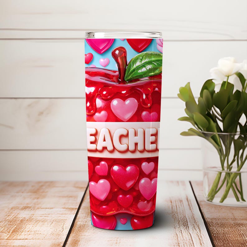 Gimme Gummy Red Apple Teacher Tumbler Wrap PNG, Hearts and Roses 20oz ...