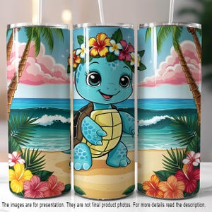 Cute Turtle Tropical 20oz Skinny Tumbler Wrap PNG, Letni projekt sublimacji, Pobieranie cyfrowe kubka plażowego, Plik PNG dla kubka 20oz
