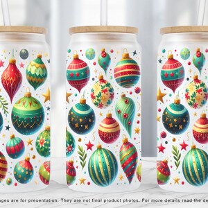 Christmas Ornaments 16 oz Libbey Glass Can Sublimation Design, Holiday Tumbler Wrap PNG, Festive Glass Can Wrap PNG file Digital Download