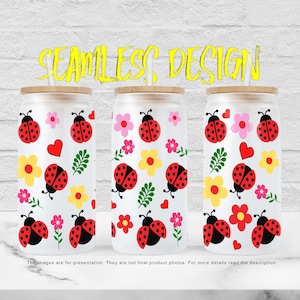 Cute Ladybug & Flower Cup Wrap 16oz Libbey Glass Can SVG PNG, Floral Ladybug Delight Cottagecore Spring Iced Coffee Cup, Digital Download