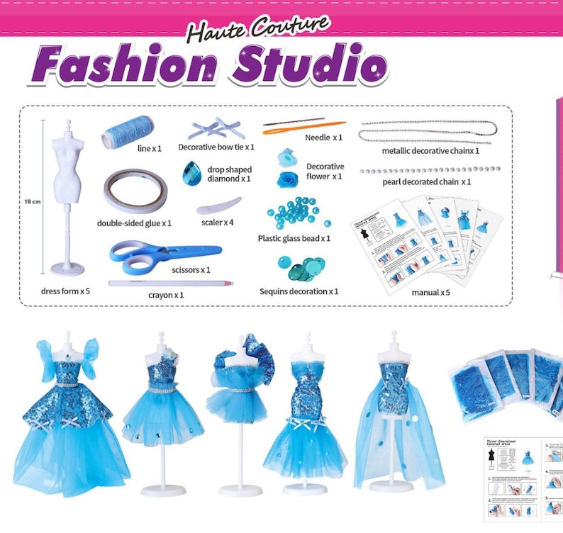 Barbie Doll Dress Making Kit, Fashion Clothes Design Kit With 5 Doll Mannequins, Creativity DIY