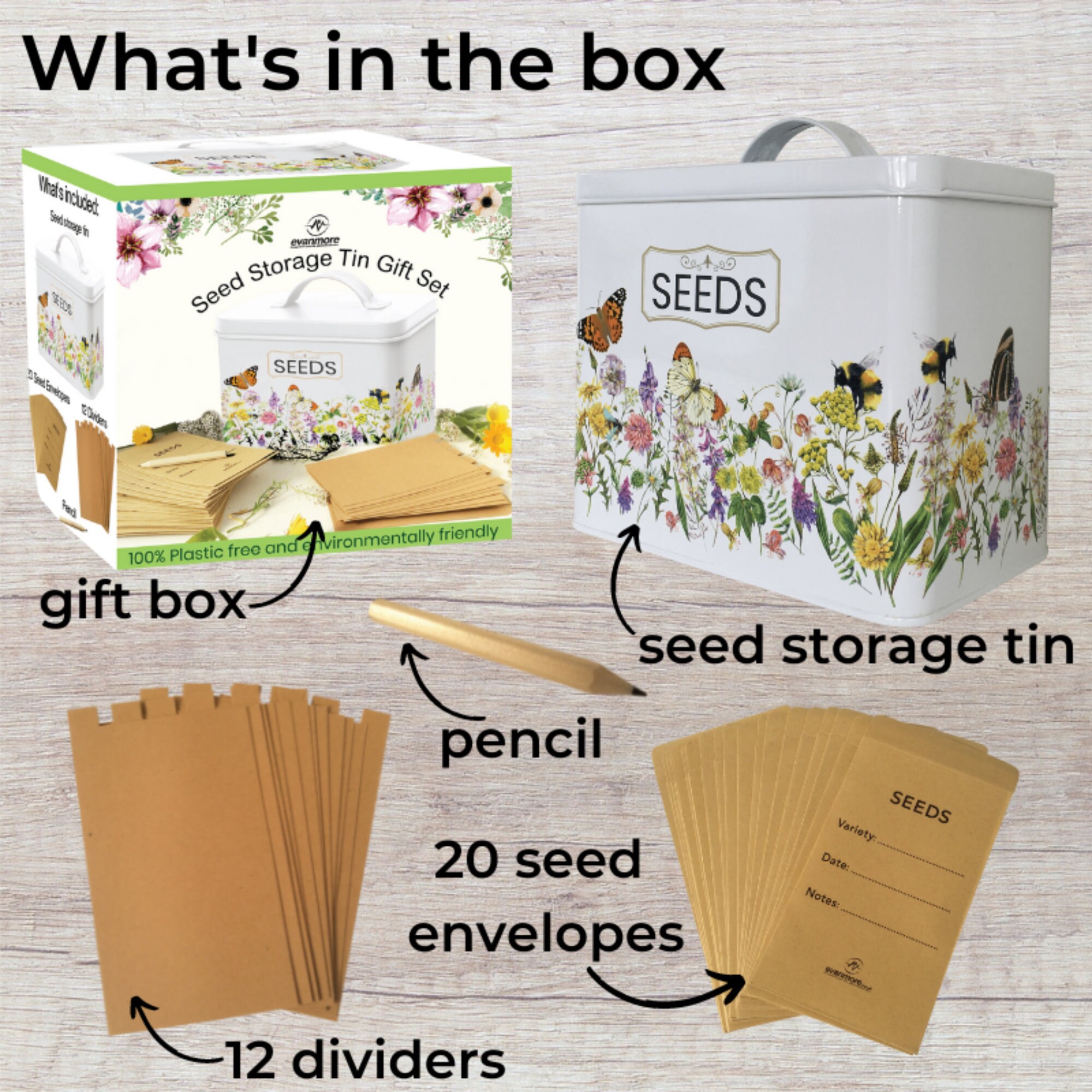 Seed Storage Tin Garden Seeds Packet Organiser Metal Box Container Gift