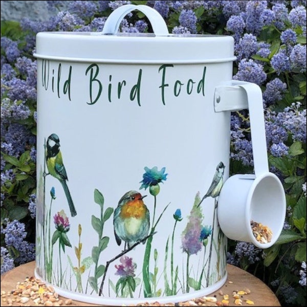 Wild Bird Food Storage Tin Garden Birds Seed Feed Metal Container 4L (2kg) Canister With Scoop Handle Gift Box