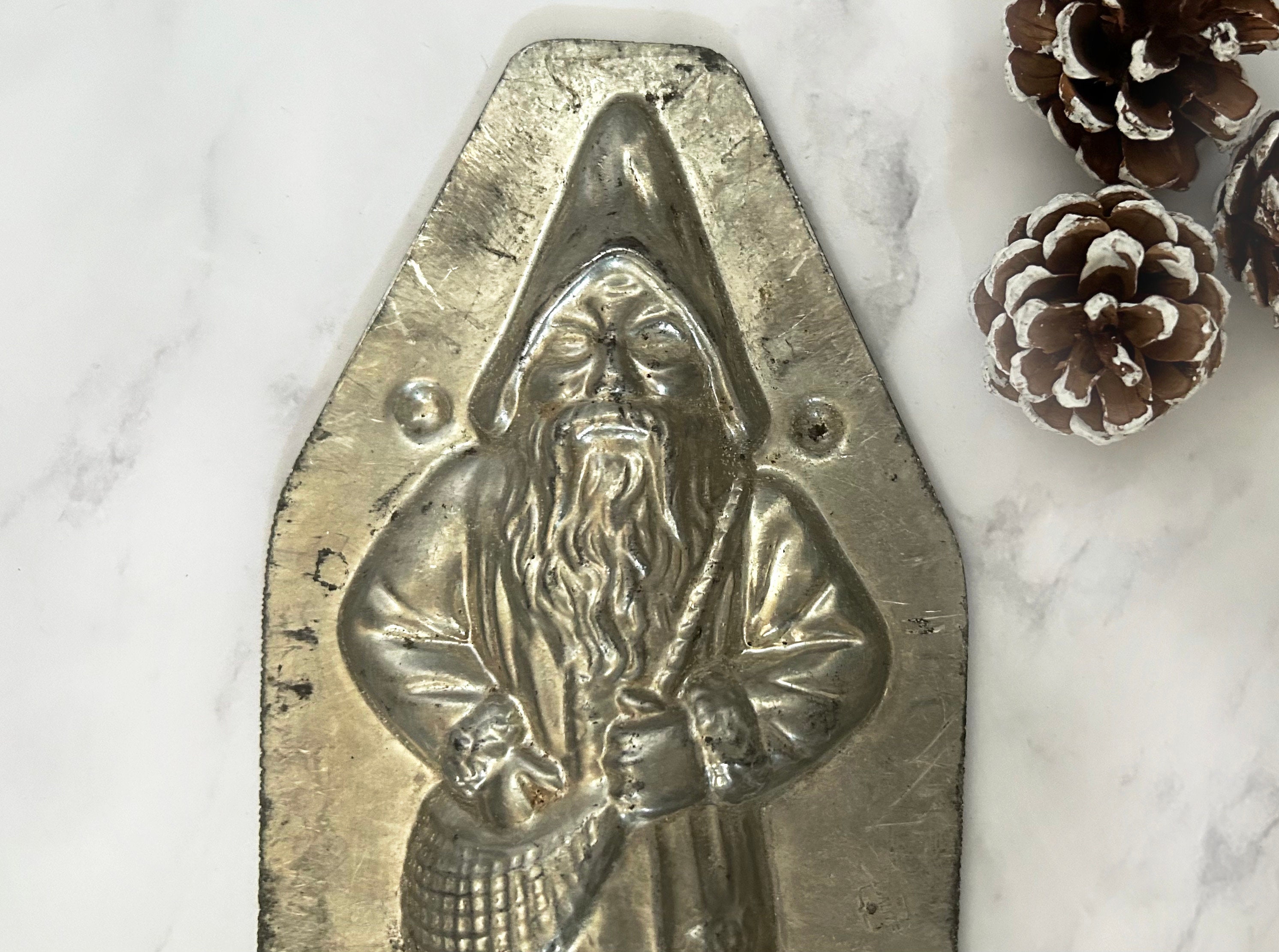 Antique French Santa chocolate, candy mold, with bag of presents