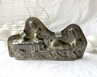 Large antique chocolate mold "Hare pulling a cart with a hare coach" - rare