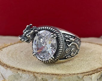 Dragon Silver Ring, Sterling Silver Ring Band Solid 925 Dragon, Dragon Ring, Animal Ring, Silver Ring for Men, Zircon Dragon Ring