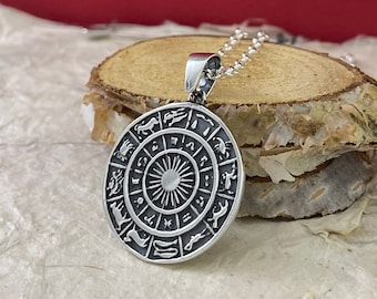 Colgante Circular del Zodíaco de Plata, Collar de Signos del Zodíaco de Plata Esterlina 925, Collar de Astrología, Colgante Horóscopo del Zodíaco, Colgante Sol del Zodíaco