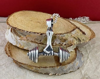 Dumbbell Silver Pendant, Dumbbell Necklace, Sterling 925 Silver Dumbbell Charm, Barbell Pendant, Gym Necklace, Fitness Jewelry, Fitness gift
