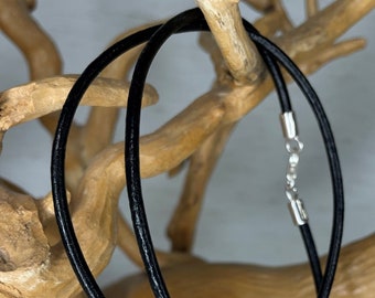 Genuine Leather Chain For Pendant, Black Leather Necklace Cord, Leather Strap, Silver Closure Leather Jewelry, Selectable Length Chain