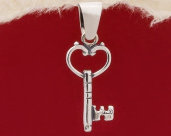 Heart Shaped Key Silver Pendant, Key Necklace, Sterling Silver Key Pendant, Love Key Necklace, Love Key Charm, Lover Gift