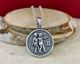 Colgante de plata Géminis, Collar Géminis, Esterlina 925 Amuleto de plata Signo zodiacal Géminis, Collar Sol del Zodíaco, Collar Horóscopo, Regalo Géminis