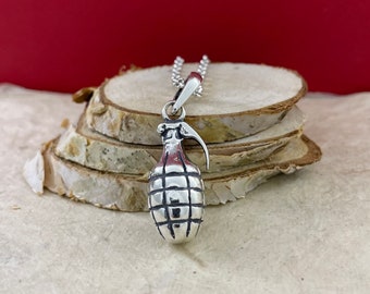 Grenade Silver Pendant, Hand Grenade Necklace, Sterling 925 Silver Grenade Charm, Bomb Pendant, Army Necklace, Military Pendant