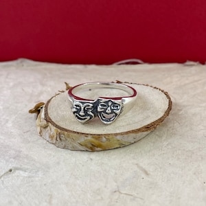 Comedy and Tragedy Mask Silver Ring, Sterling 925 Silver Theater Mask Ring, Duel Faced Theater Mask Ring, Happy Sad Face Ring, Actor Jewelry