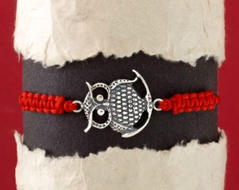 Silver 925 Owl Red Rope Bracelet, Lucky Red String Bracelet, Rope Bracelet, Night Bird Braided Bracelet, Adjustable Bracelet, Owl Bracelet