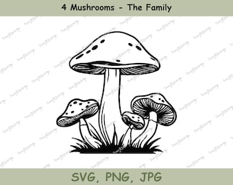 4 Mushrooms - The Family, Line Drawing, illustration svg, mushrooms svg, cricut svg, fine line design, mushroom print, SVG, PNG JPG