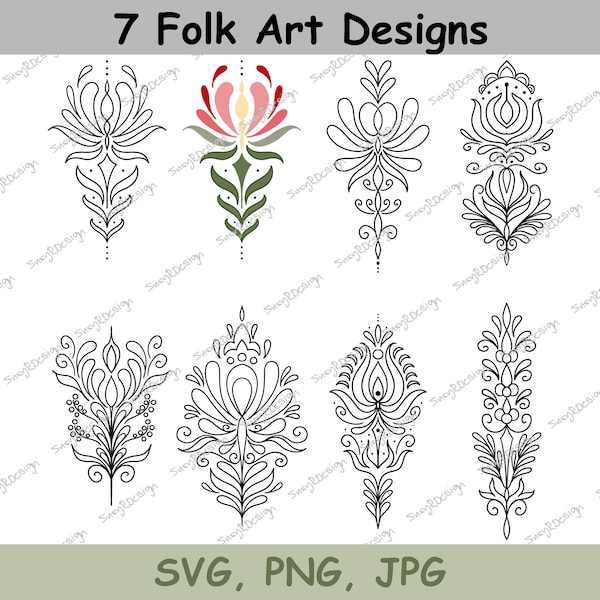 7 Folk Art Designs, Hungarian Folk Art, line drawing, embroidery svg, card making, printing, svg, png, jpg