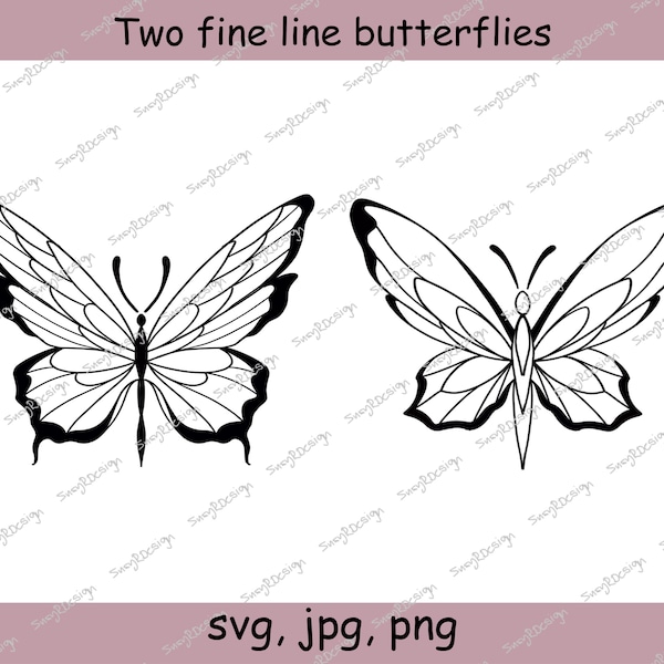 Two Fine Line butterflies, Animal Clip Art, Digital Downloads, Screenprinting, Cardmaking, Tattoo Design, SVG, JPG, PNG