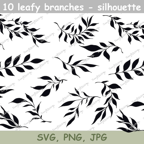 10 Leafy Branches Silhouette Designs, illustration svg, tree branch svg, cricut svg, fine line designs, leaves print, SVG, PNG JPG