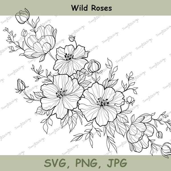 Wild Roses Fine Line Design, illustration svg, wildflower svg, cricut svg, wild roses print, floral tattoo design, SVG PNG JPG