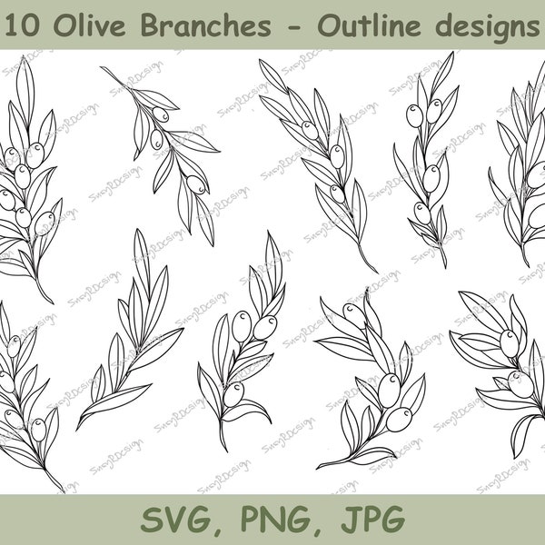 Olivenzweig-Bundle mit 10 Strichzeichnungen, Illustrationssvg, Olivenzweig-Svg, Cricut-Svg, feines Liniendesign, Olivendruck, Oliven SVG, PNG JPG