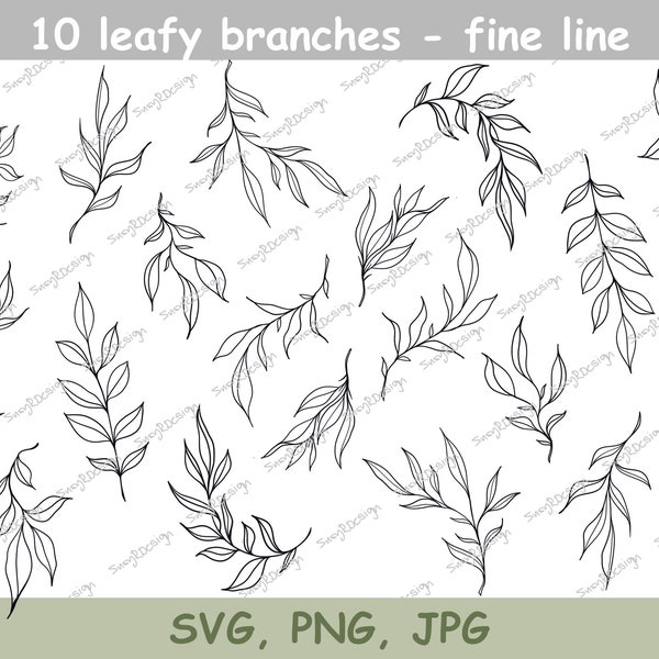 10 Leafy Branches Fine Line Drawings, illustration svg, tree branch svg, cricut svg, fine line designs, leaves print, SVG, PNG JPG