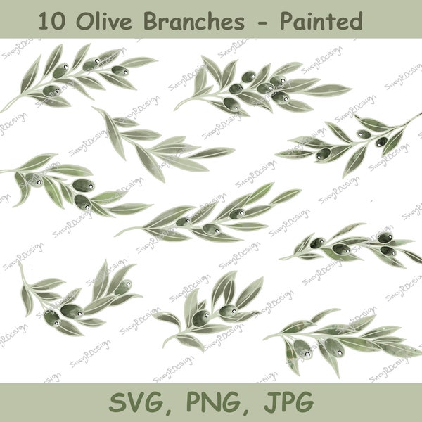 Olive Branch Bundle of 10 Painted Look, illustration svg, olive branch svg cricut svg Watercolour painting olive print olives SVG, PNG JPG