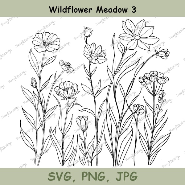 Wildflower Meadow 3 Line Drawing, illustration svg, wildflower svg, cricut svg, fine line design, wildflower print tshirt design SVG PNG JPG