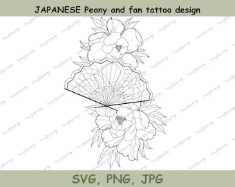 Peonías y abanicos japoneses, diseño de tatuajes, plantilla de tatuaje, diseño de camisetas, arte lineal, JPG, PNG, SVG