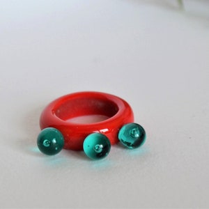 Red and Aqua Statement Glass Band Ring, Handmade Glass Jewelry,  Minimal Artisan Glass ring, contemporary glass ring