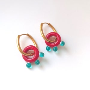 Murano glass charms and Stainless Steel hoop Earrings, Red and aqua charm Earrings, Artisan Lampwork Charms, Handmade Glass Earrings