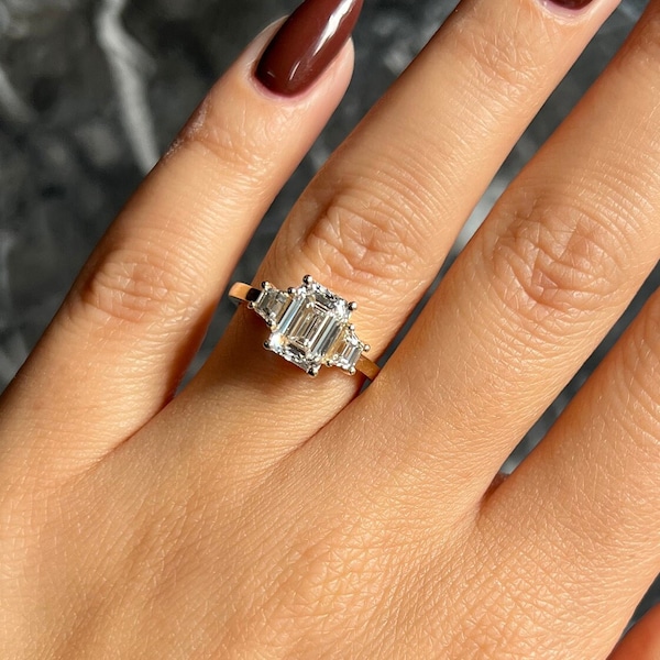 Emerald Cut 2.5 carat IGI Certified D Color VVS2 Clarity Lab Grown Diamond Three Stone Engagement Ring, Side Trapezoids, Handmade Solid Gold