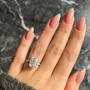 Emerald Cut 6.35 carat IGI Certified E Color VVS2 Clarity Lab Grown Diamond Hidden Halo Engagement Ring, Round Cut Side Diamonds 18k Gold