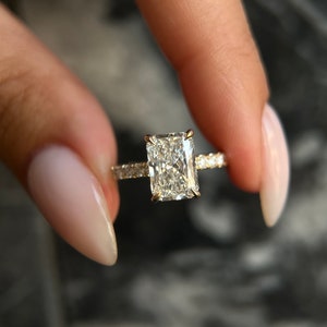Radiant Cut 2.35 Carat IGI Certified D Color VVS2 Clarity Lab Grown Diamond Engagement Ring Hidden Halo and Side Round Diamonds, 14k Gold