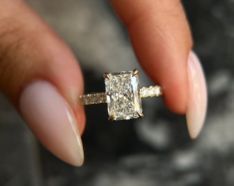 Radiant Cut 2.35 Carat IGI Certified E Color VVS2 Clarity Lab Grown Diamond Engagement Ring Hidden Halo and Side Round Diamonds, 14k Gold