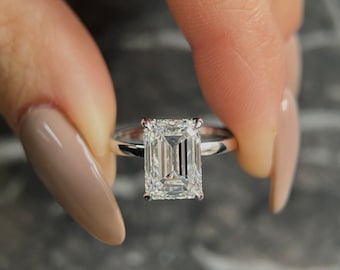 Emerald Cut 4.10 carat E Color VVS2 Clarity IGI Certified Lab Grown Diamond Solitaire with Hidden Halo Engagement Ring 18K Gold