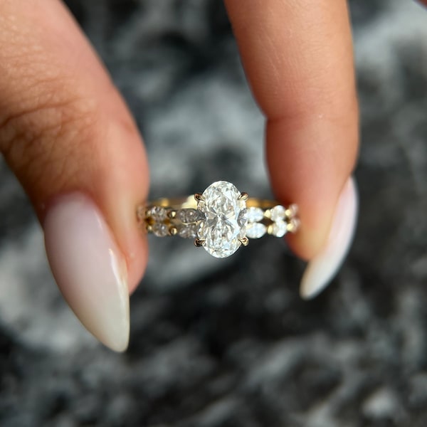 Oval Cut 2.5 carat IGI Certified D/VVS1 Lab Grown Diamond Hidden Halo Engagement Ring Set, Marquise Side Stones & Matching Band 14k Gold