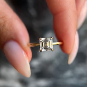 Asscher Cut (Square Emerald Cut) 1 Carat IGI Certified E Color VVS2 Clarity Lab Grown Diamond Solitaire Engagement Ring Handmade of 14k Gold