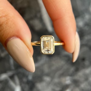 Emerald Cut 2 carat D Color VVS2 Clarity IGI Certified Lab Grown Diamond Bezel Set Solitaire Engagement Ring 14k Gold
