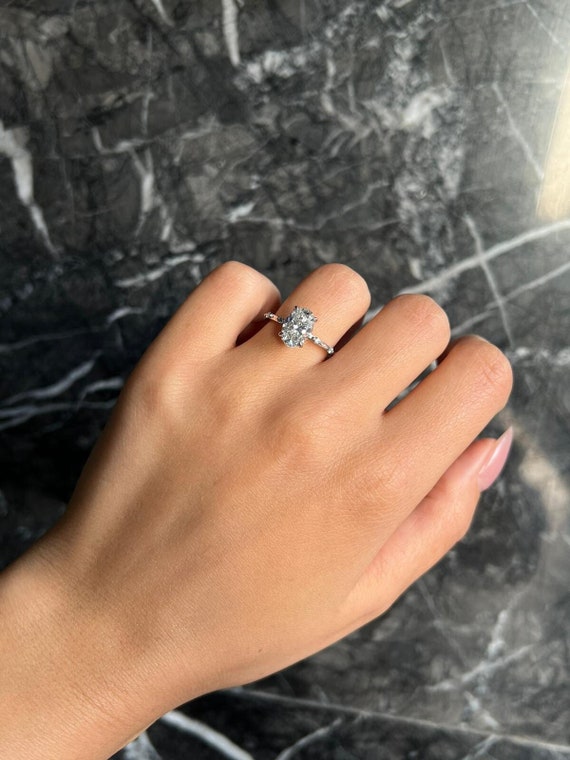 Oval Cut 1.6 Carat IGI Certified D Color VVS2 Clarity Lab Grown Diamond Engagement Ring Ultra Thin Dainty Band Round Side Diamonds 14k Gold