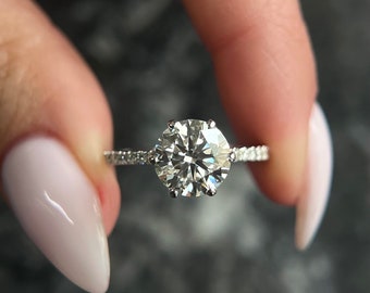 RARE D color VVS2 Clarity Round Cut 2.25 carat IGI Certified Lab Grown Diamond Hidden Halo Engagement Ring with Round Pavé Side Diamonds