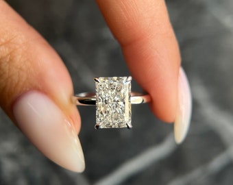 Radiant 3.1 carat IGI Certified D Color VVS2 Clarity Lab Grown Diamond Solitaire Engagement Ring with Hidden Halo Handmade of Solid 18K Gold