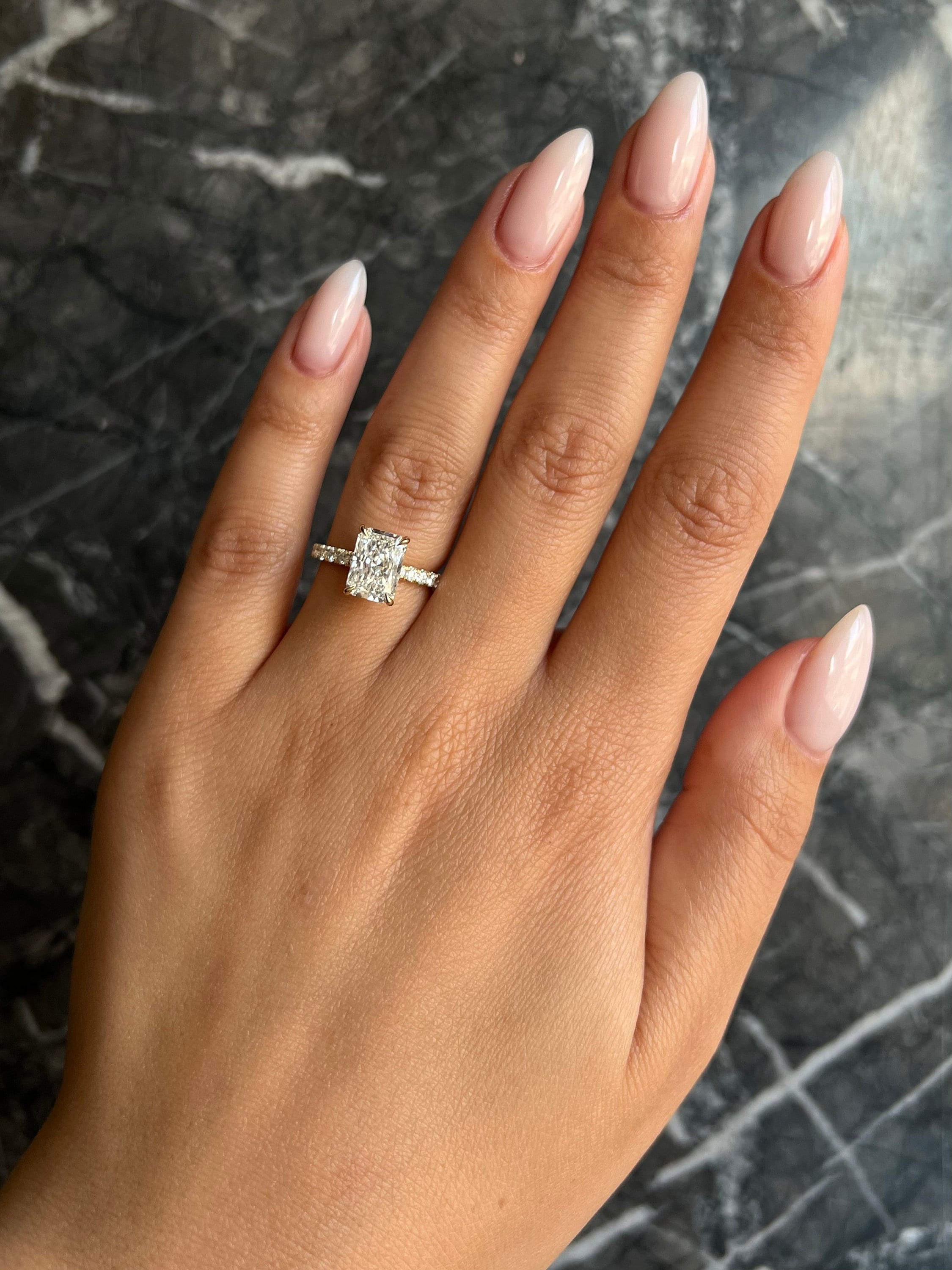 Radiant Cut 2.85 Carat IGI Certified E Color VVS2 Clarity Lab Grown Diamond Engagement Ring Hidden Halo and Side Round Diamonds, 14k Gold